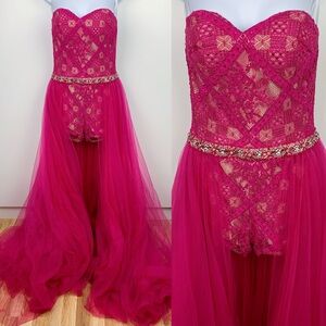 Strapless Fuchsia Lace Tulle Evening Dress with Embellished Waist